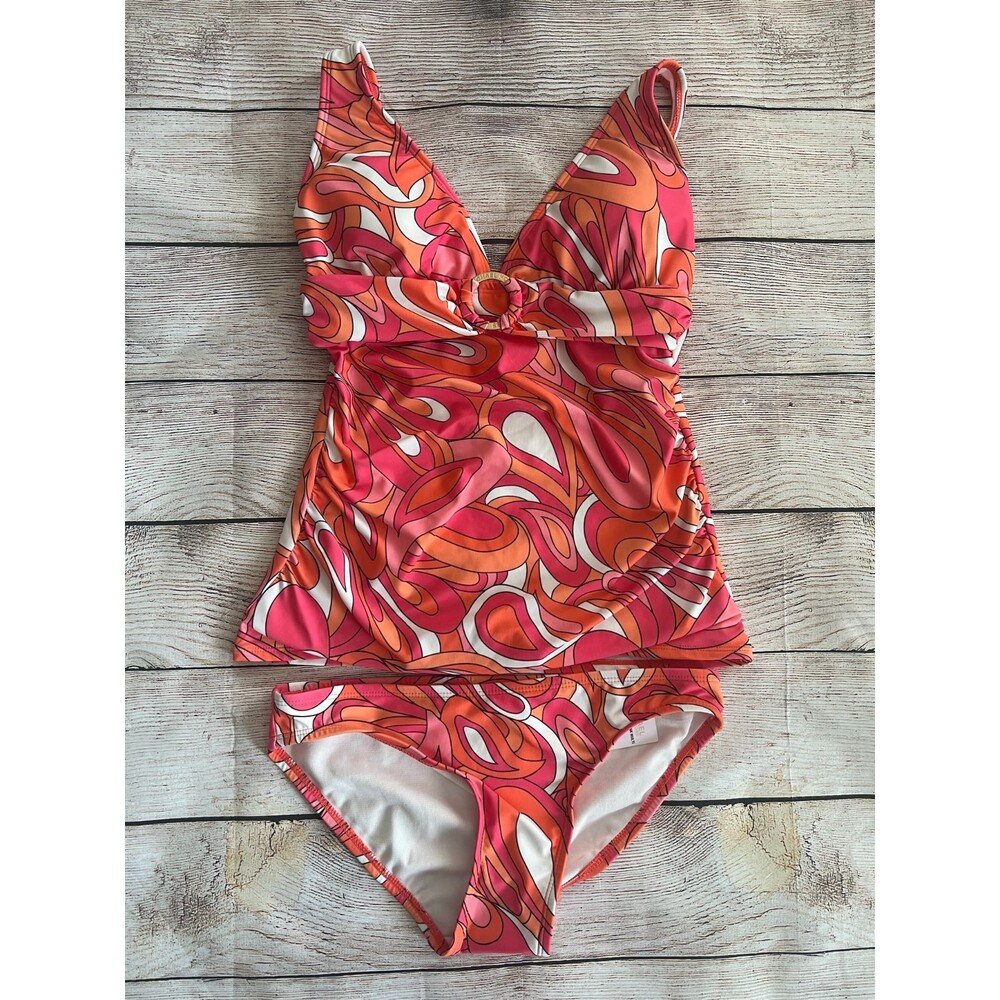 NWT Michael Kors Tankini 2 Piece Swimsuit Pink & Orange Retro pattern Size XS
